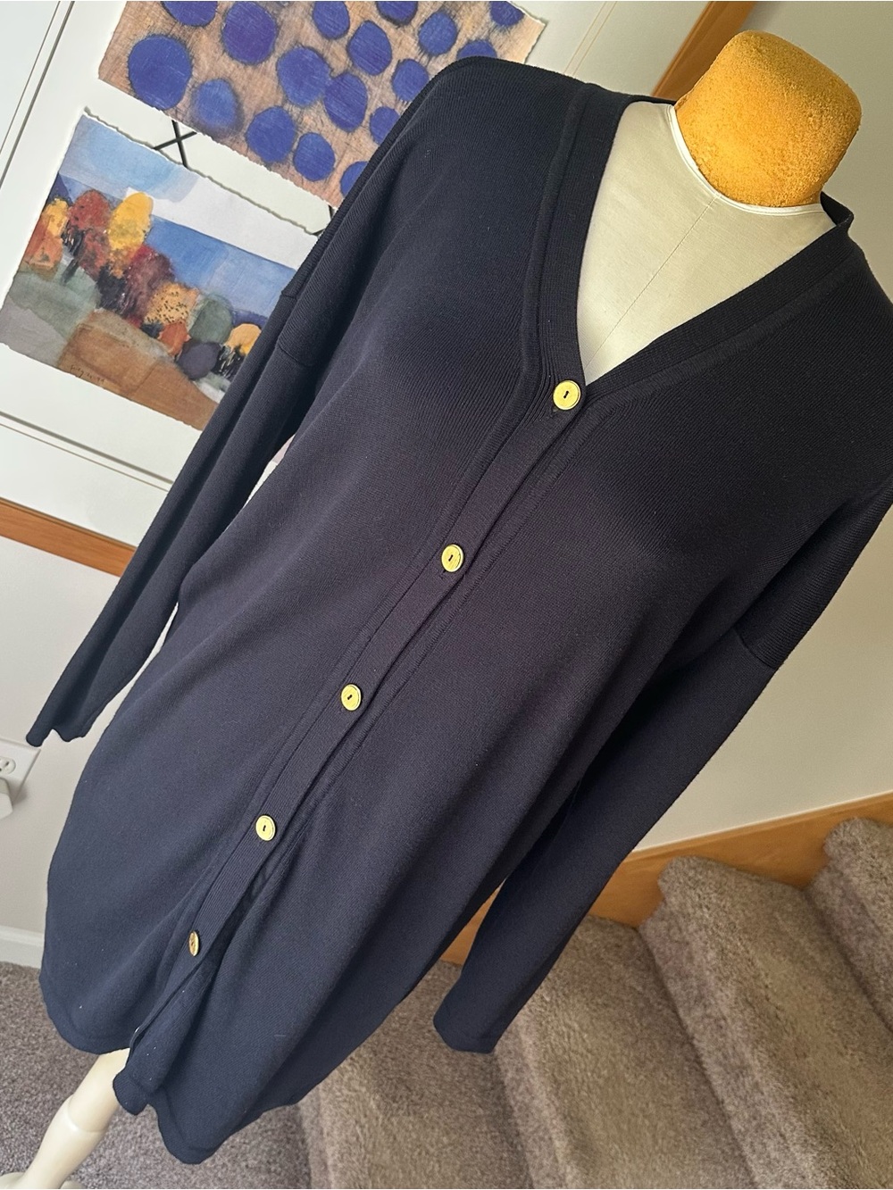 Classic Dark Navy V-Neck Button Front Long Cardigan - Linda Allard - Ellen Tracy